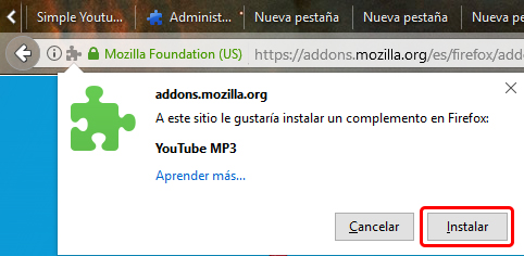 Utilizando el complemento YouTube a MP3 en Firefox