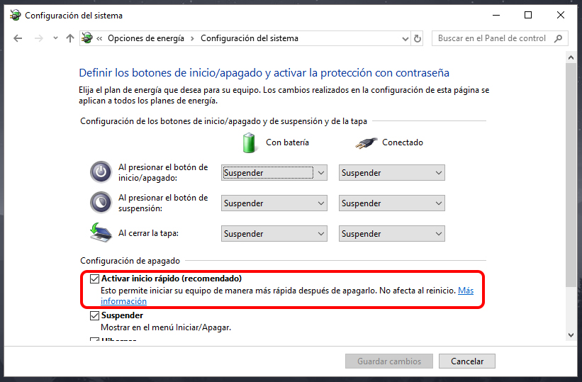 Activar inicio rápido de Windows 10