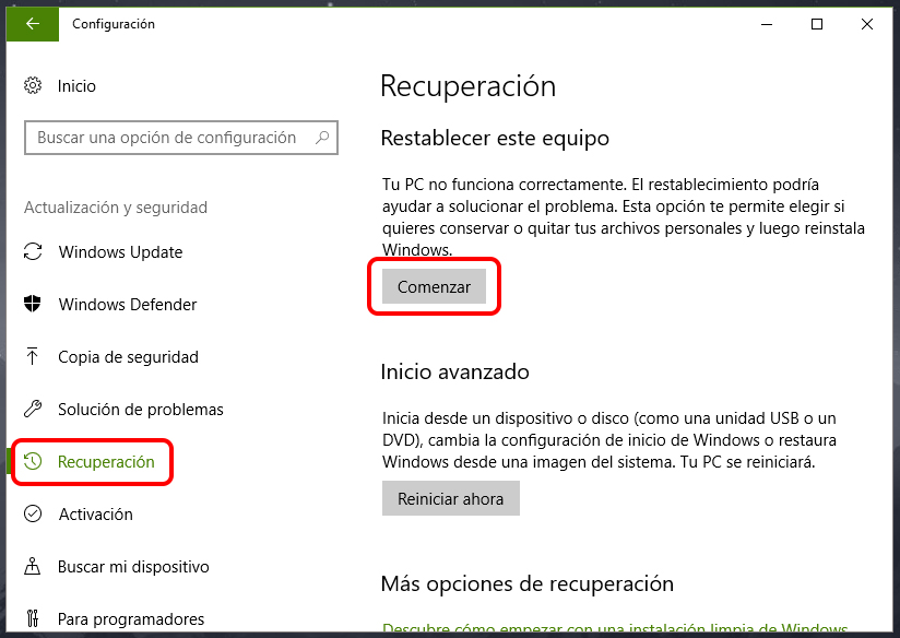 Reinstalar o restablecer Windows 10 