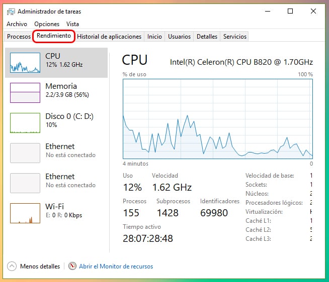 Cómo ver el consumo de CPU, RAM y disco duro en Windows 10