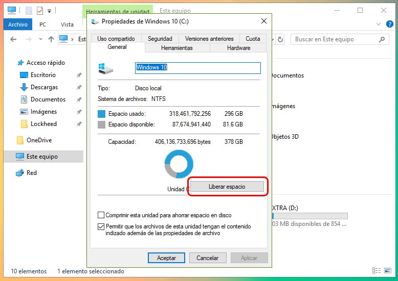 Cómo liberar espacio tras actualizar Windows 10 2
