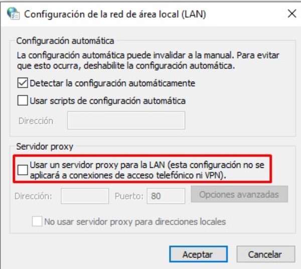 Activar opcion usar un servidor proxy para LAN